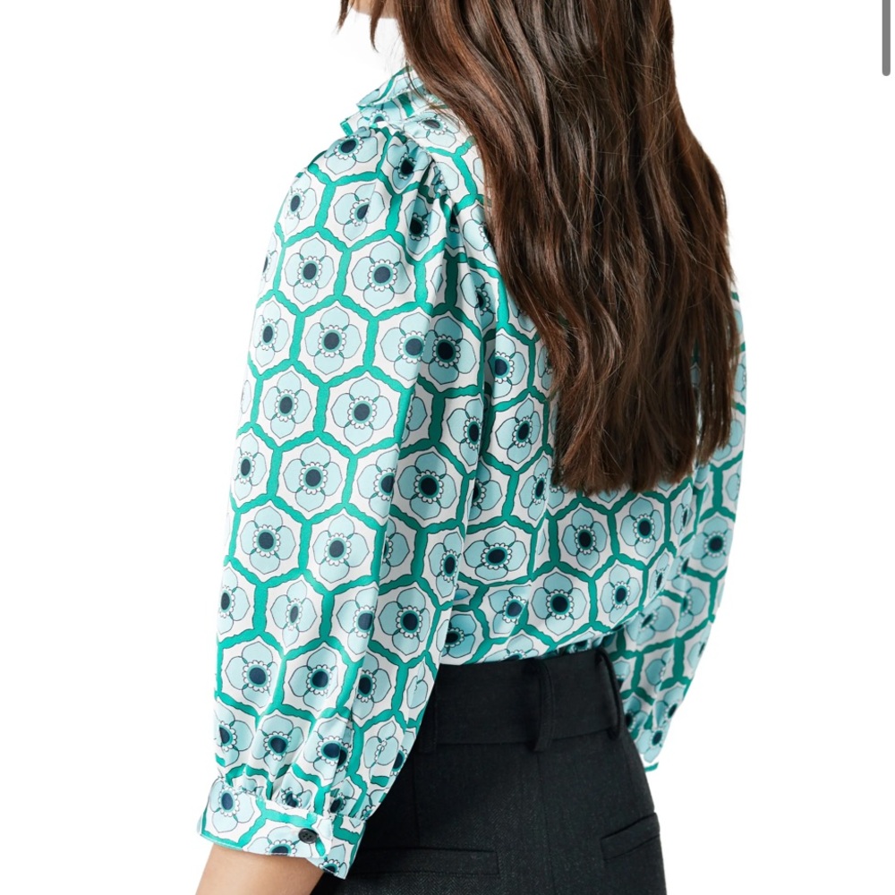 Smythe Teal and White Geometric Button Down Shirt, XS - Picture 3 of 10